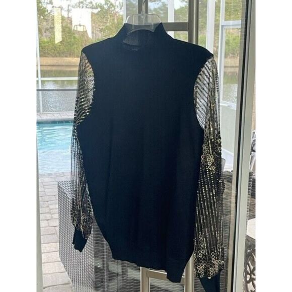 Catherine Malandrino Black Pullover Knit Sweater Blouse Sequin Sheer Sleeves L - Picture 2 of 7
